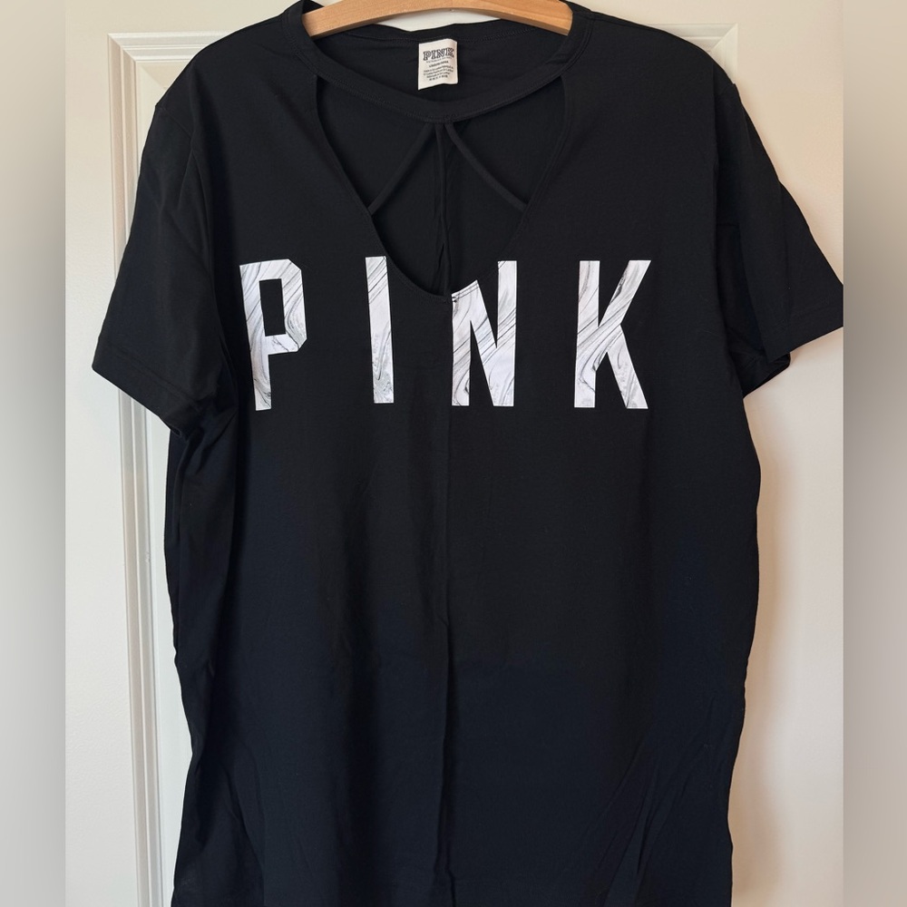 PINK Victoria's Secret Black Short Sleeve Tee with Crisscross Neck